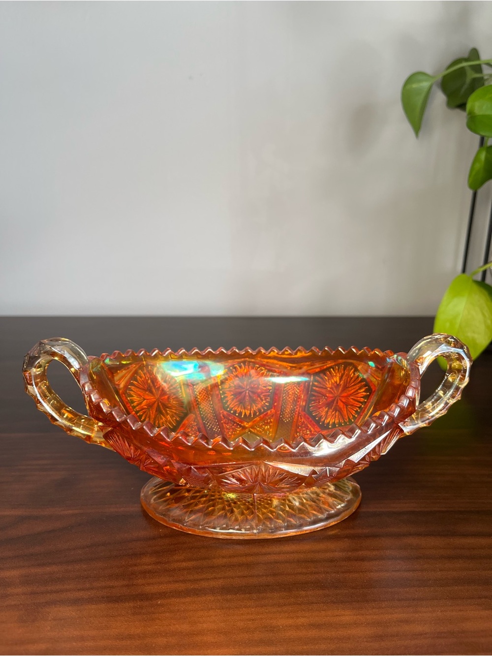 1920’s Marigold carnival glass 'Star and File' pattern two-handled pedestal dish